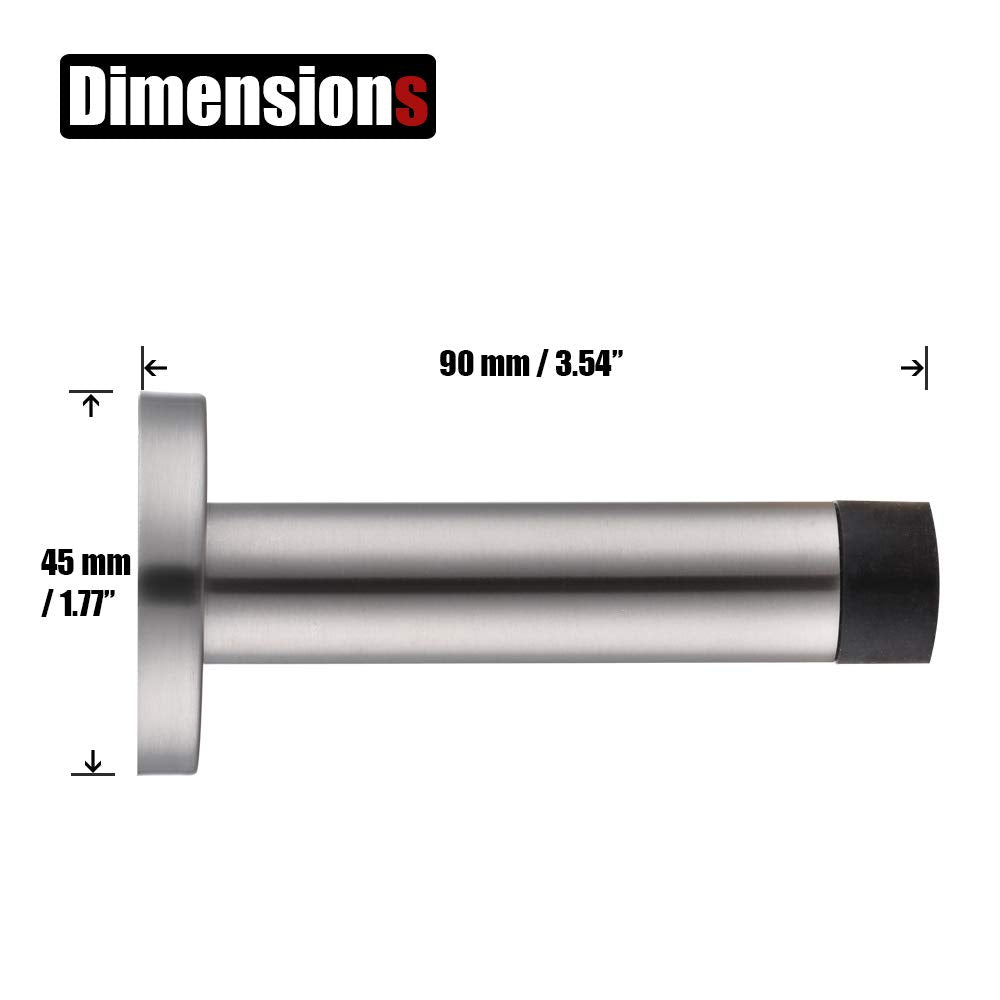 JQK Door Stopper Black, 304 Stainless Steel Thicken 1mm Sound Dampening Door Stop Bumper Wall Protetor 2 Pack, Matte Black, DSB5-PB-P2