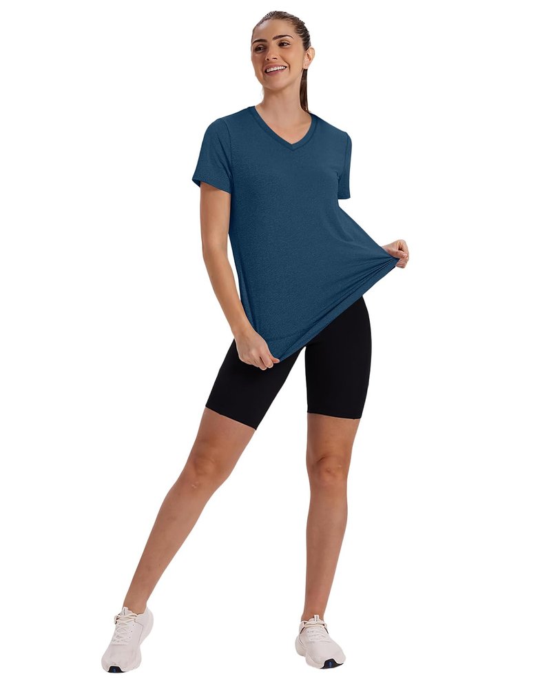 Short Sleeve Shirts for Women Workout Yoga Tops Sun Protection Clothing Summer Outfits Rash Guard Side Slit V Neck Navy Blue XL