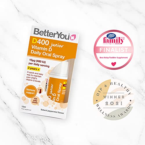 BetterYou Vitamin D 400 IU Junior Daily Oral Spray, Pill-Free Vitamin D3 Supplement for Children, 3-Month Supply, Made in The UK, Natural Peppermint Flavour (Pack of 2)