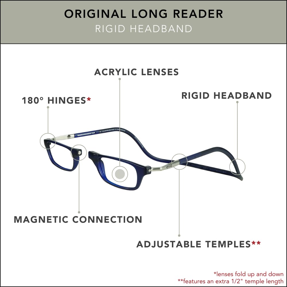 Clic Magnetic Reading Glasses for Men or Women, Computer Readers, Original Long (M-L, Dark Matte Blue, 2.50 Magnification)