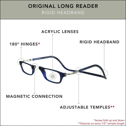 Clic Magnetic Reading Glasses for Men or Women, Computer Readers, Original Long (M-L, Dark Matte Blue, 2.50 Magnification)