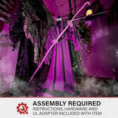 Haunted Hill Farm Motion-Activated 6-Ft. Tall Ghostly Guide, Plug-in Talking Scare Prop Animatronic with Spooky Sound Effects and Lights for Indoor or Covered Outdoor Creepy Halloween Decoration