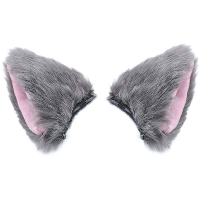 BAOPLAYKIDS Cat Fox Long Fur Ears Hair Clip Headwear Cosplay Halloween Costume(Gray&Pink)
