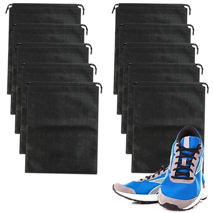 10 Pack Travel Shoe Bag Set – 11.8" x 15.75" Waterproof Drawstring Black Shoe Bags for Travel, Clothes, or Wet Gear – Lightweight Storage Organizer and Packing Essential for Women & Men