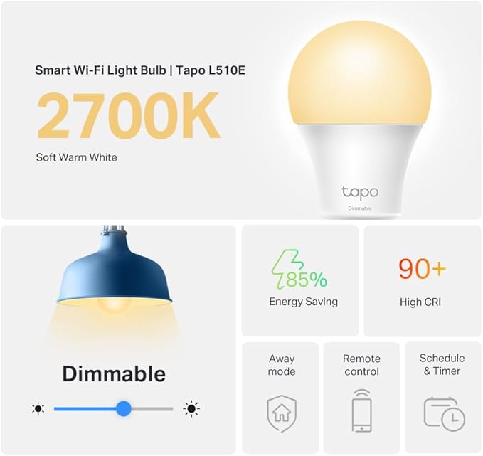 Tapo TP-Link Smart Light Bulbs, 800 Lumens (60W Equivalent), 2700K Soft Warm White LED Bulb, Dimmable, Compatible with Alexa and Google Home, No Hub Required, A19 E26, L510E (Pack of 48)