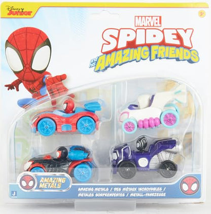 Jazwares Marvel Spidey and Friends 4-Pack Die-Cast Vehicles - Includes Spidey, Ghost-Spider, Black Panther, Miles Morales - Superhero Toys for Kids 3+