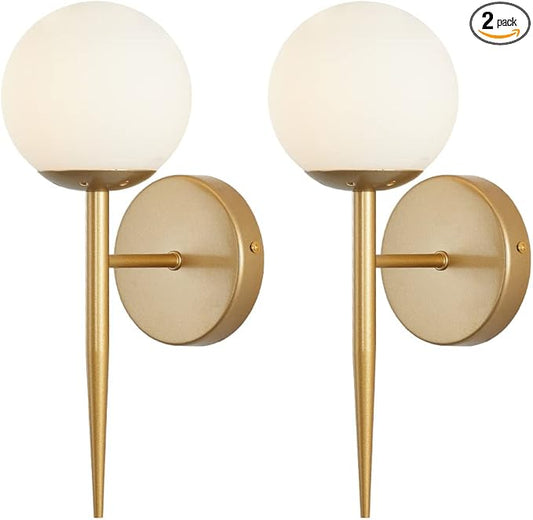 BOKT Mid Century Modern Globe Wall Sconce Set of Two Brushed Brass Bathroom Wall Sconce Light Set of 2 Frosted White Glass Gold Wall Lamp 2-Pack Bedroom Wall Lights (White)
