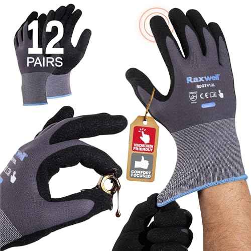 Raxwell Safety Work Gloves MicroFoam Nitrile Coated,Abrasion-Resistant,Seamless Knit for Gardening,Mechanics,and Construction