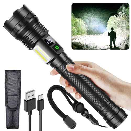 High Lumens Rechargeable LED Flashlights,Extremely Bright Tactical Flashlight,10,000 Lumens with COB Work Light,10 Modes & IP67 Waterproof & Zoomable Flash Light for Home,Camping,Hunting,Emergency