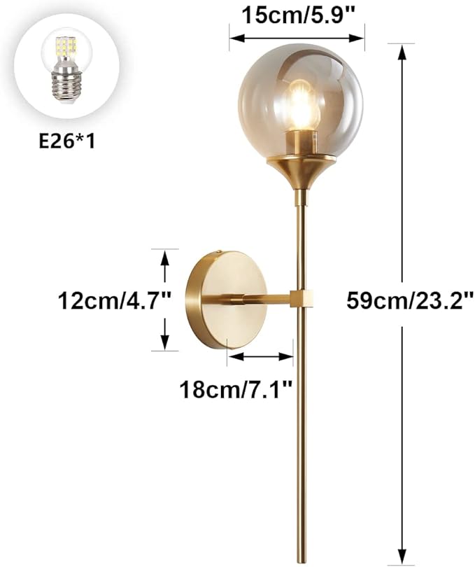 BOKT Brushed Brass Gold Wall Mounted Sconce Set of 2 Mid Century Modern Long Globe Wall Light Fixture Vintage Smoke Gray Glass Wall Sconce Lighting (Smoke Gray)