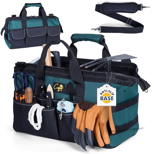 Garden Tool Bag Organizer ? 13 Pocket Heavy-Duty Gardening Tote with 7 Outer & 6 Inner Compartments, Anti-Slip Base, Adjustable Shoulder Strap & Belt ? Garden Organizers and Storage (Green)