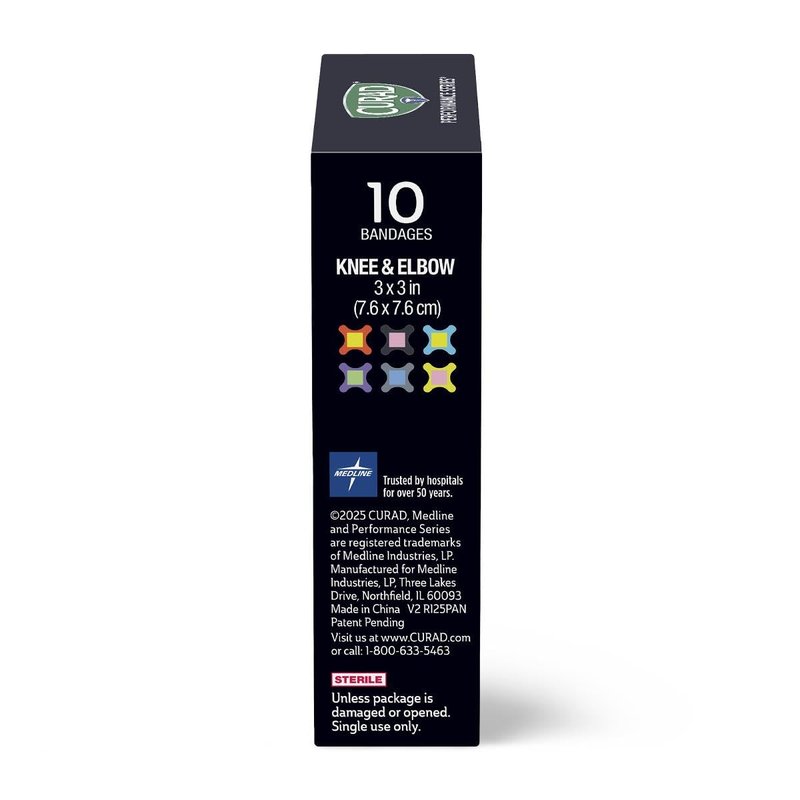 CURAD Performance Series Antibacterial Bandages, Elbows and Knees, 3" x 3", 30 Count