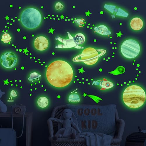 Watercolor Solar System Wall Decals, Glow in The Dark Stars, Kids Planets Sticker for Ceiling, Astronaut Wall Stickers for Bedroom, Green