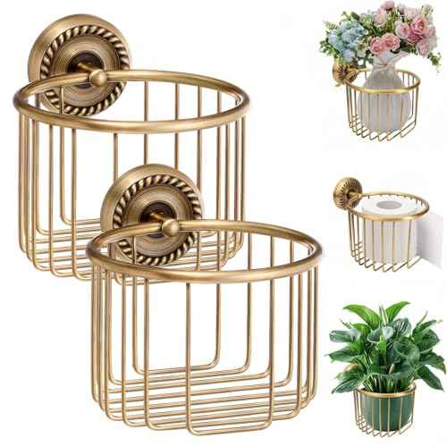 LemonRoad 2 Pack Vintage Brass Toilet Paper Holder Wall Mounted Antique Decorative Toilet Paper Holder for Plant and Candles, Victorian Bathroom Decor Accessories, for Roll with Diameter Within 5 Inch
