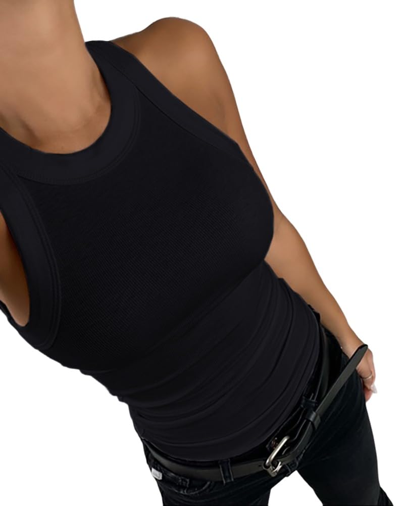 CHICME Womens Sleeveless Tank Top Summer Casual Ribbed Racerback Basic Fitted Thick Strap Black Shirts Top-M