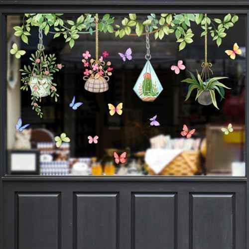 Runtoo Potted Plant Window Clings Flower Catcus Hanging Vines Glass Wall Decals Stickers Tropical Botanical Cactus Living Room Bedroom Home Decor