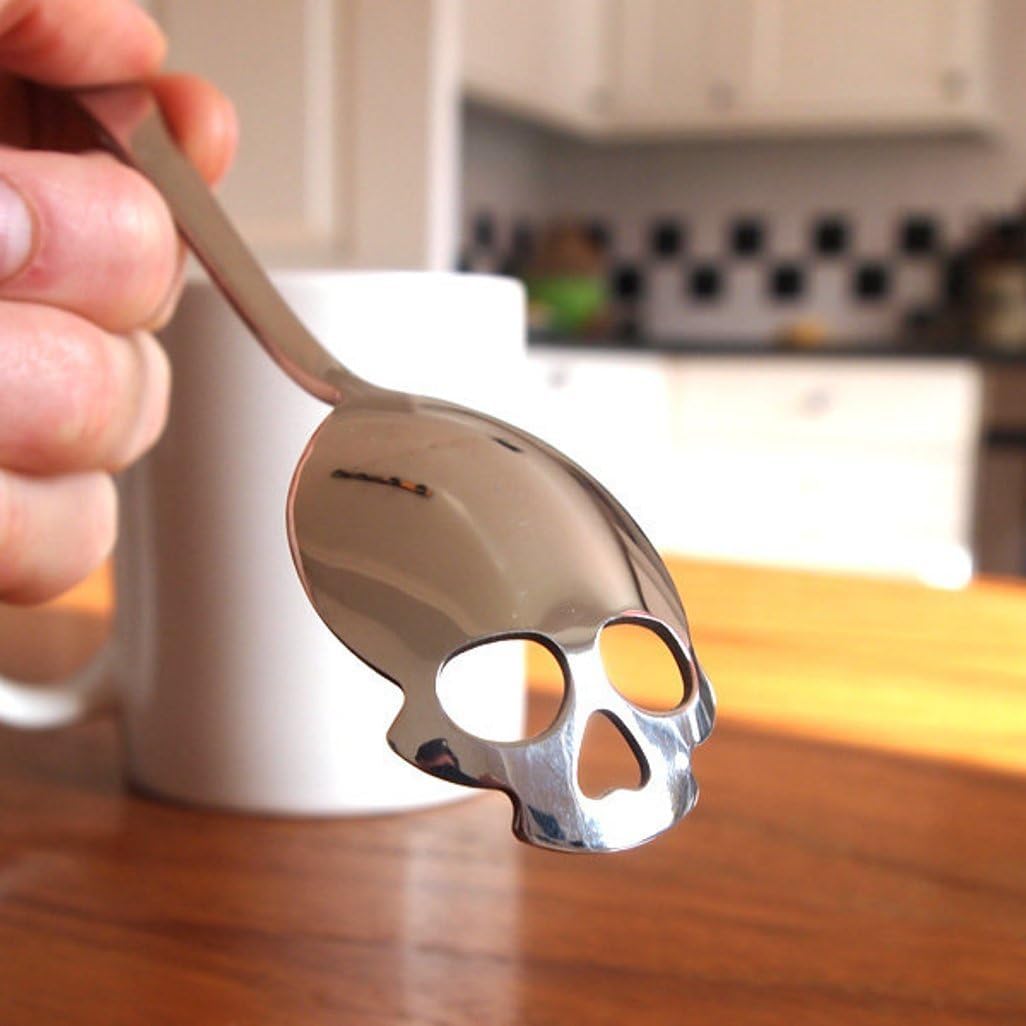 Suck UK Skull Teaspoon - Gothic Home Decor - Goth Gifts - Spooky Home Decor - Gothic Accessories - Sugar Spoon - Halloween Kitchen - Skull Kitchen - Spooky Coffee Slotted Spoon - Halloween Gifts