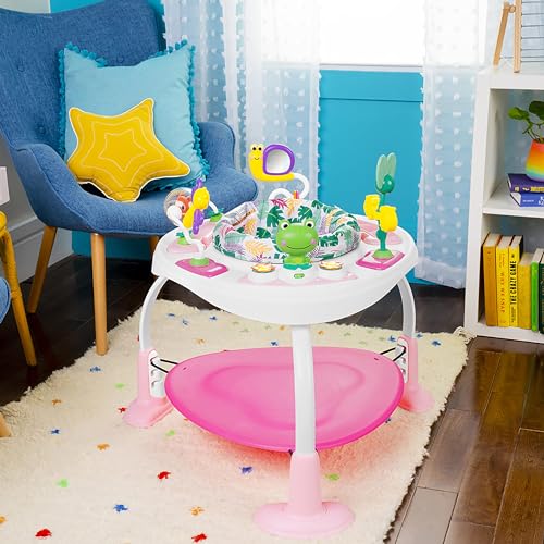 Bright Starts, Bounce Bounce Baby 2-in-1 Activity Center Jumper and Table - Playful Palms with 7 Interactive Toys, Adjustable Height, Storage Bag, 360° Rotation, Ages 6 Months +, Pink