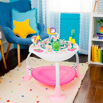 Bright Starts, Bounce Bounce Baby 2-in-1 Activity Center Jumper and Table - Playful Palms with 7 Interactive Toys, Adjustable Height, Storage Bag, 360° Rotation, Ages 6 Months +, Pink