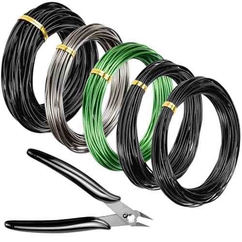 QWORK Bonsai Training Wire with Wire Cutter - 5 Rolls, Total 164 Feet Aluminum Wire 1/1.5/2.0 mm