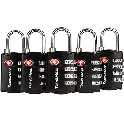 5 Pack TSA Luggage Locks with 4 Digit Combination – Heavy Duty Set Your Own Padlocks for Travel, Baggage, Suitcases & Backpacks - Black