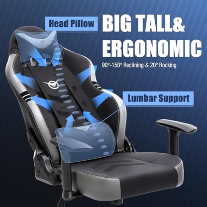 Big and Tall Gaming Chair 350lbs-Racing Style Computer Gamer Chair,Ergonomic Desk Office PC Chair with Wide Seat, Reclining Back, Adjustable Armrest for Adult Teens-Black/Grey