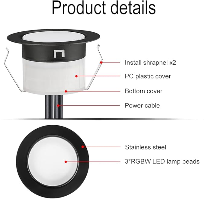 FVTLED Low Voltage Recessed RGBW Deck Light, Φ1.22 RGB & Warm White Stainless Steel Waterproof Outdoor Step Lighting In-ground Landscape Pathway Patio Stair Decor Lamp, Black