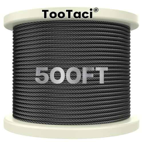 TooTaci T316 Stainless Steel Cable Railing Kit - 500FT 1/8 Black Wire Rope, 7x7 Flexible Strands, 1800LB Marine Grade Cable - Durable Outdoor Deck Railing Wire for Balcony, Fence, Stair, DIY Projects