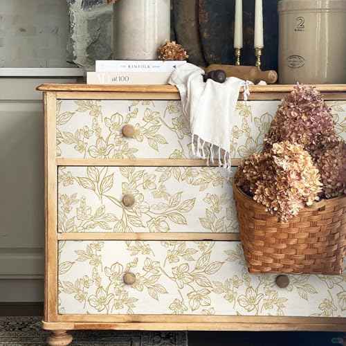 Ismoon Floral Peel and Stick Wallpaper Vintage Beige Contact Paper White Gold Stick on Wallpaper Textured Removable Self Adhesive Wall Paper for Bedroom Vinyl 17.3x78.7in