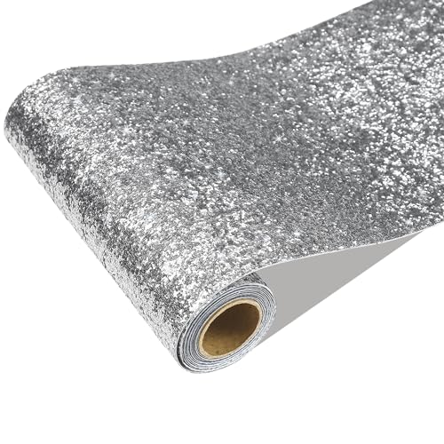 CRE8TIVE 8"x80" Silver Chunky Glitter Wallpaper Border Peel and Stick Silver Contact Paper Self Adhesive Removable Wallpaper Fabric Sequins Wall Border Trim for Girls Room Drawers Dressers DIY Crafts