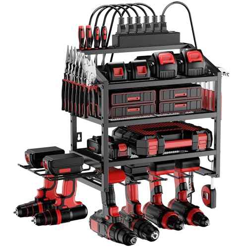 Power Tool Organizer Wall Mount with Charging Station, 4 Layer Storage Rack and Tool Holder for Garage Organization, 6 Drill Holder Wall Mount, 4 Hooks and 6 Outlet Power Strip, Great Men's Gift
