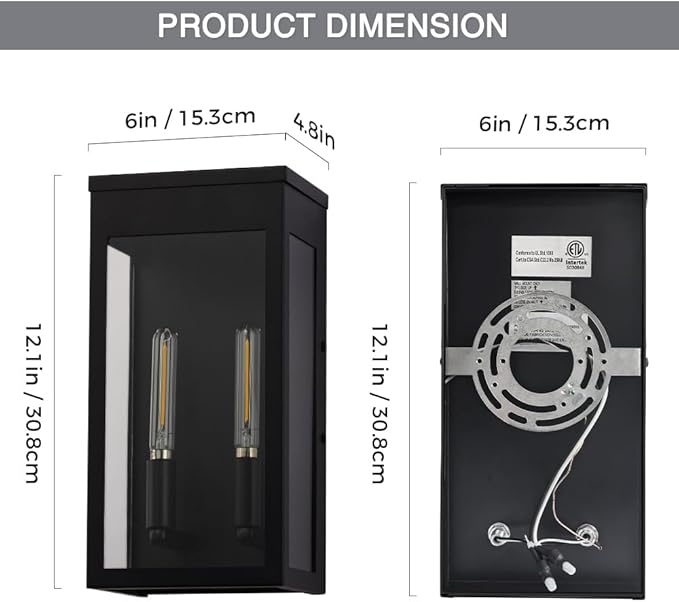 Cerdeco Black Outdoor Wall Light with Clear Glass,Modern Outdoor Wall Sconce with 2*E12 Socket,2 Pack(ETL Listed)