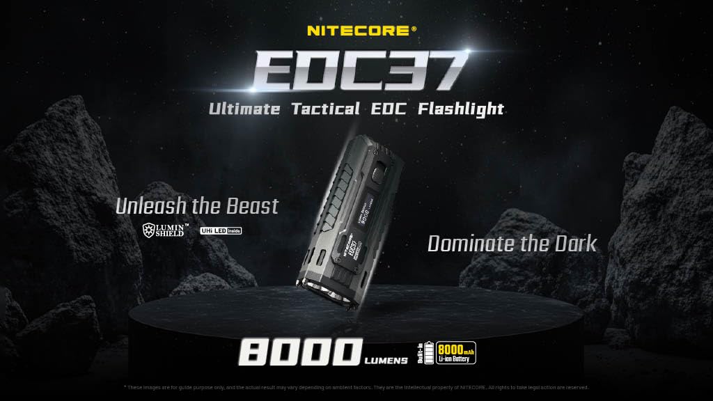 Nitecore EDC37 EDC Flashlight, 8000 Lumen Flat Shape USB-C Rechargeable Fast Charging with Digital OLED Display and Mechanical Lock Sticker