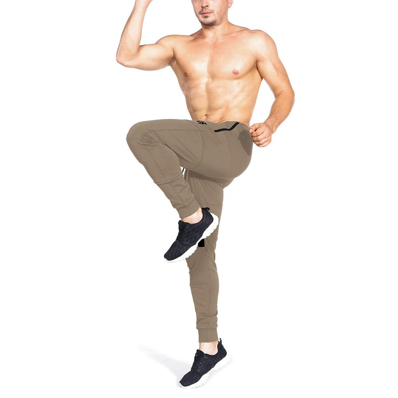 ZENWILL Mens Tapered Workout Running Pants,Gym Jogger Training Sweatpants Slim Fit with Zip Pockets (Medium, Beige)