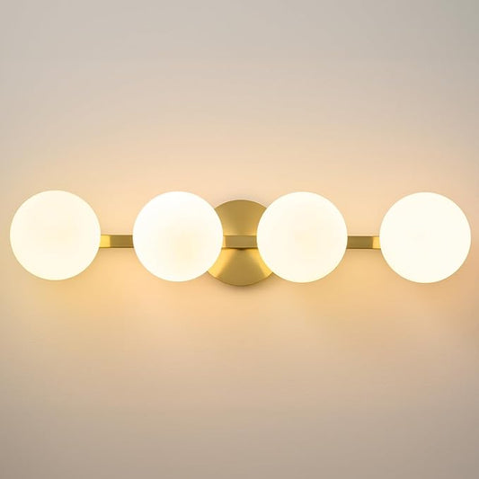 Bathroom Vanity Mirror Light Fixtures: 4 Lights Bath Wall Sconce Lighting - Brass Gold Vanity Lights with Milk Glass Shade - Modern Minimalist Makeup Light Fixture Above Mirror for Hallway E26 Base