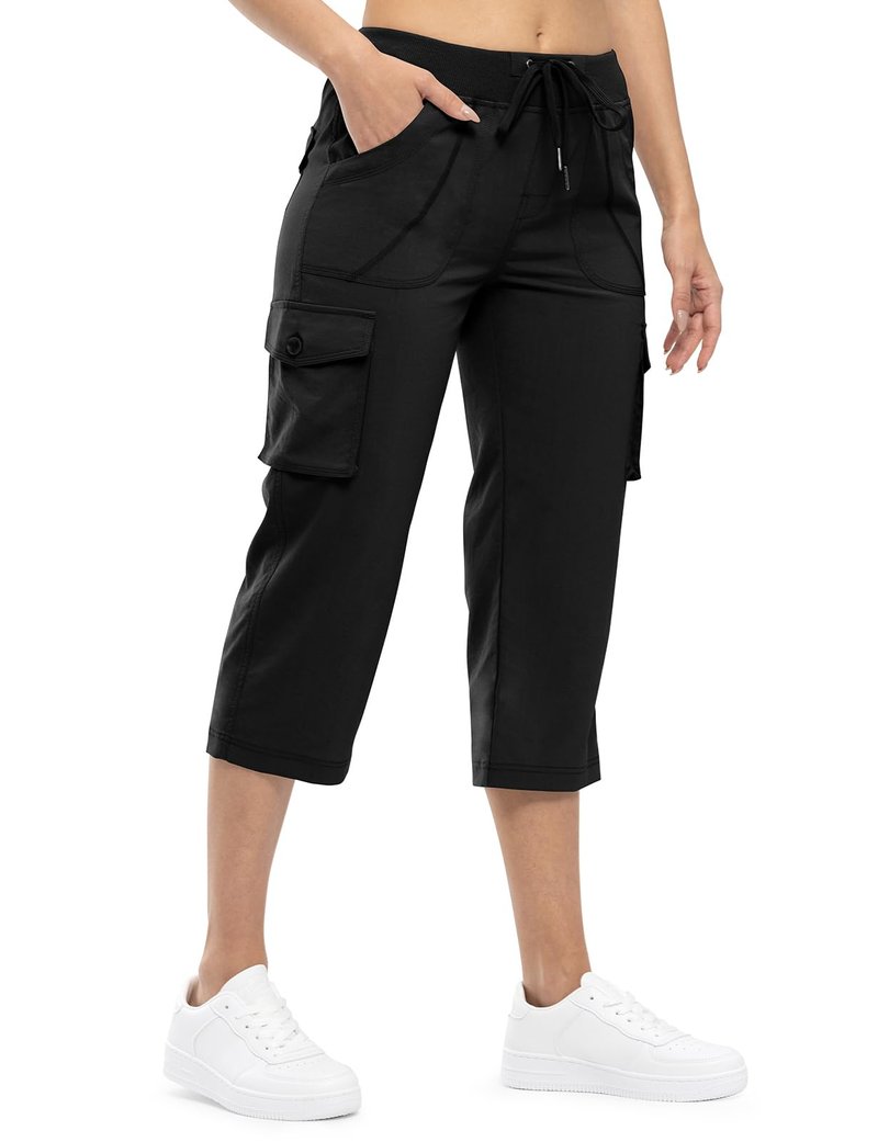 TBMPOY Womens Cargo Capris Hiking Lightweight Pants 6 Pockets Quick Dry Casual Outdoor Trip Loose Shorts Cropped Cotton Black XL