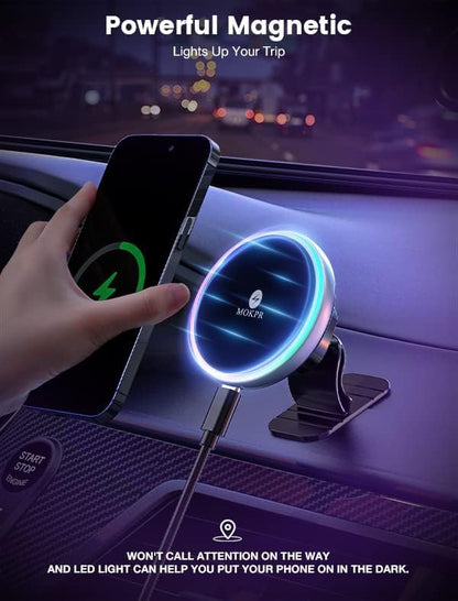 MOKPR for Magsafe Car Mount Charger, 15W Magnetic Wireless Car Charger, Air Vent/Dashboard for Magsafe Phone Holder Fits iPhone 16/15/14/13/12
