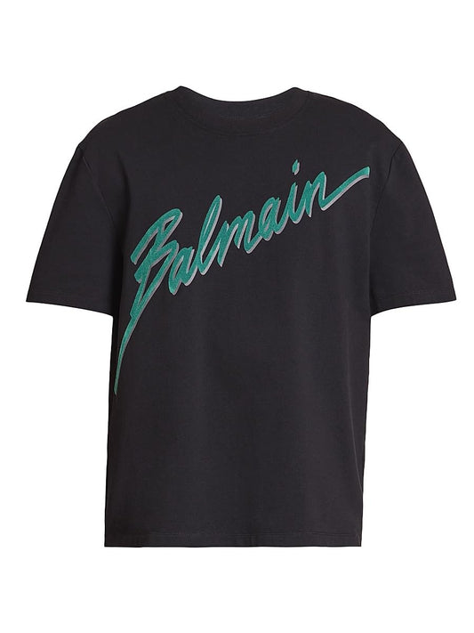 Balmain, Flocked Logo Cotton T-Shirt, Small, Noir Emeraude
