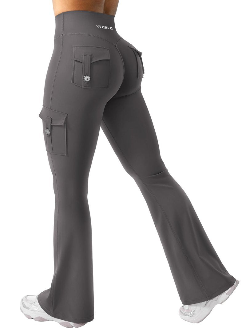 YEOREO CoreFlex Women Workout Flare Leggings with Pockets Hidden Scrunch High Waisted Cargo Gym Yoga Leggings Dark Grey S