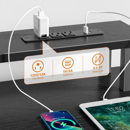 Furologee Black Computer Desk with 4 Drawers, 60" Long Office Desk with Fabric File Cabinet and Power Outlets, Gaming Desk with LED Lights, Study Writing Work Desk for Home Office