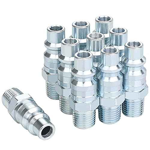 3/8 High Flow Air Hose Fittings, Industrial M-Type Plug, 3/8 Inch High Flow Size, 1/4 Inch Male Threads Size, Steel Material, 300PSI, 10 Pieces Air Compressor Accessories
