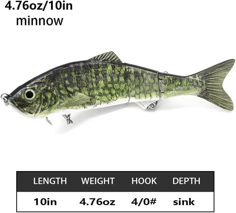 10-Inch Multi-Jointed Swimbait Fishing Lures - 4-Segment Giant Sinking Bass Crankbaits with Treble Hook