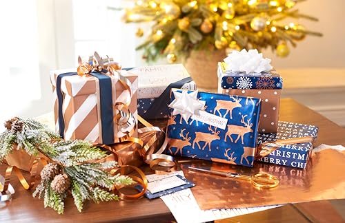 American Greetings Foil Christmas Wrapping Paper Rolls, Metallic Rose Gold and Navy Blue Holiday Gift Wrap (80 sq. ft., 4 Rolls-30 in. x 8 ft., Reversible) Snowflakes, Reindeer, Merry Christmas