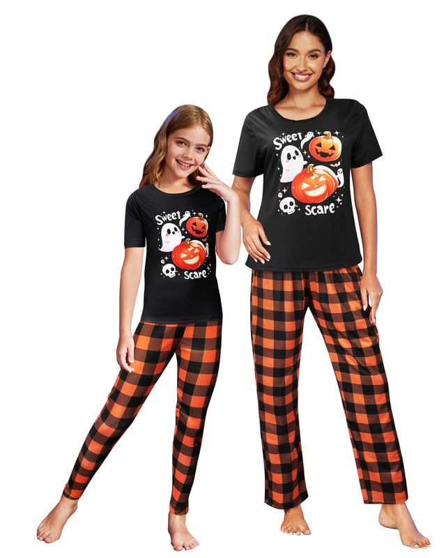 MyFav Womens Pajamas Halloween Sleepwear Family Matching Short Sleeve Adult Nightwear Black Orange,M