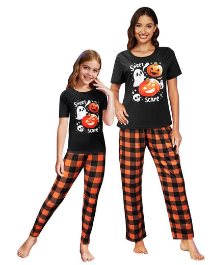 MyFav Womens Pajamas Halloween Sleepwear Family Matching Short Sleeve Adult Nightwear Black Orange,M
