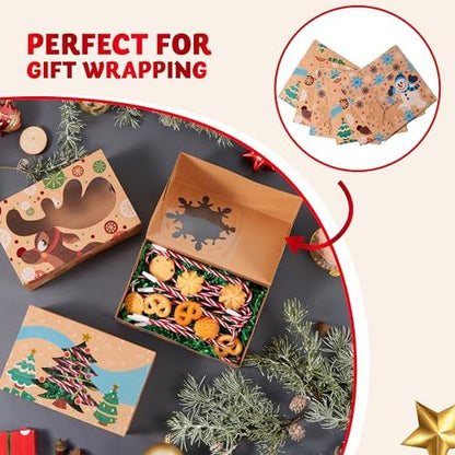 JOYIN 24PCS Christmas Cookie Boxes for Gift Giving, 8.5" x 5.75" x 2.75" Xmas Holiday Treat Cookie Tin with Window, 3 Designs Brown Foiled Kraft Bakery Boxes for Pastries, Cupcakes, Brownies, Doughnut