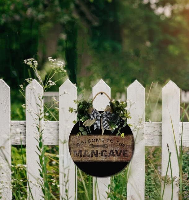 Welcome To The Mancave Front Door Sign Funny Wreaths Hanging Wooden Plaque Decoration Round Rustic Wood Farmhouse Porch Decor for Home Front Door Decor, 12 x 12 Inch