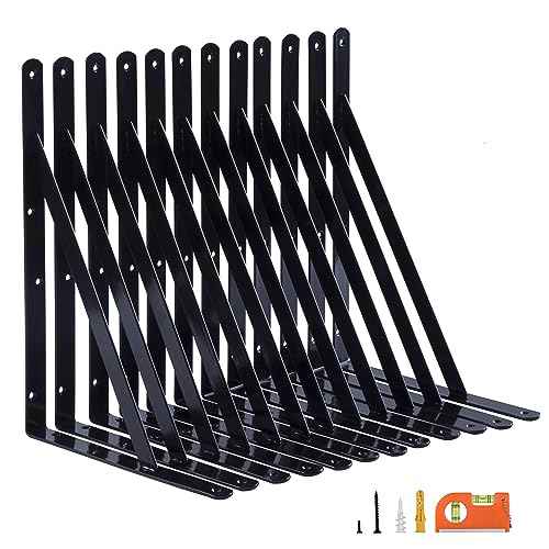 12-Pack 16 Inch Heavy Duty Shelf Brackets, Large Wall Bracket for Floating Shelves, 90 Degree Triangle Large L Bracket, Black Powder-Coated Steel
