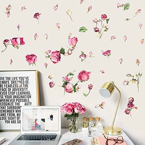 Removable 3D Falling Rose Wall Decals DIY Flower Petals Wall Stickers Peel and Stick Floral Wall Decals Decor Art for Girls Bedroom Living Room Furniture Decorations