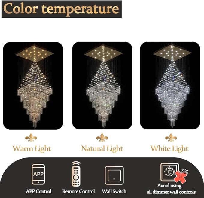Flashing God D48''X H120'' Extra Large Chandeliers for High Ceilings Black Square Chandeliers Crystal Raindrop Chandelier for Villa Entrance Foyer LED Dimmable 2700K-6000K